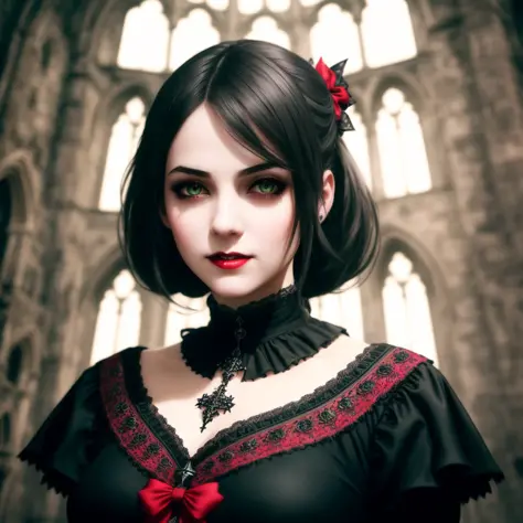 photorealistic, highres, masterpiece, intricate, 1girl (in a gothic castle), red bow around her neck and a black and red dress o...