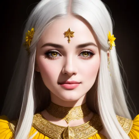 photorealistic, high-res, masterpiece, intricate, a woman with long hair and a star pattern on her face is holding her hands to her mouth and looking at the camera, Art germ, highly detailed digital painting, a detailed painting, fantasy art, pretty, narro...