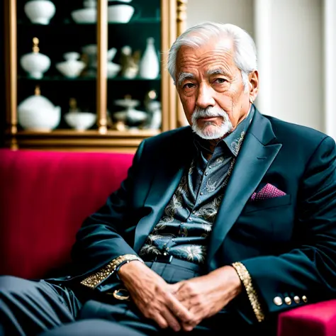 modelshoot style of a old man sitting on a couch in a room with a glass case behind, dressed with expensive clothes, he is wearing a black, highly detailed, intricate, sharp focus, warm lighting, attractive, high quality, masterpiece, award-winning art, da...