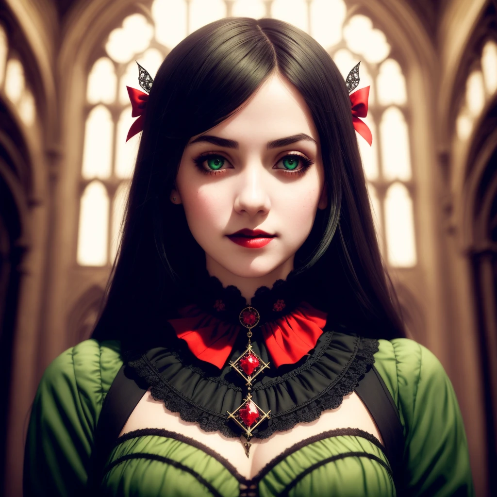 逼真的, 高解析度, 傑作, 錯綜複雜, 1個女孩 (在一座哥德式城堡裡), 她脖子上繫著紅色蝴蝶結，穿著黑紅相間的連身裙, 站在一個房間裡, 詳細背景, 漂亮的, 柳腰, 寬臀, (完美的臉:1.2), (完美的眼睛:1.2), 濃濃的眉毛, 濃密的睫毛, (綠眼睛), (美麗細緻的臉), (细致的嘴唇), 黑髮, 長髮, 哥特式女孩, 微笑, (外部), 紧身衣服,, 錯綜複雜 detailed clothing,  電影燈光, 阴影, 詳細的照明, 輕粒子, 動態角度, 丟, 特寫, 從下面, 伊斯梅爾·因喬格魯, 血, 吸血鬼