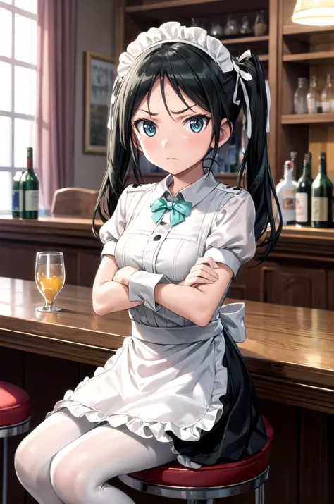 (masterpiece, best quality, detailed), 1girl, solo, looking at viewer, <lora:francesca-strikewitches:0.8>, francesca lucchini, maid, maid headdress, maid apron, short sleeves, indoors, bar \(place\), alcohol, crossed arms, pantyhose, bowtie, puffy short sleeves, wrist cuffs, counter, stool, bar stool, sitting, serious, closed mouth