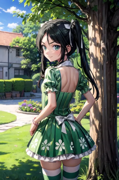 (masterpiece, best quality, detailed), 1girl, solo, looking at viewer, <lora:francesca-strikewitches:0.8>, francesca lucchini, <lora:edgShamrockv1:0.85>, edgShamrock, green dress, wearing edgShamrock, puffy sleeves, (clover print), (green stripes), outdoors, garden, sunlight, day, bush, hands on hips, from behind, looking back, thighhighs, (striped thighhighs), skirt, blue sky, grass, flower, pink flower, house, flower pot, smile, closed mouth, v-shaped eyebrows