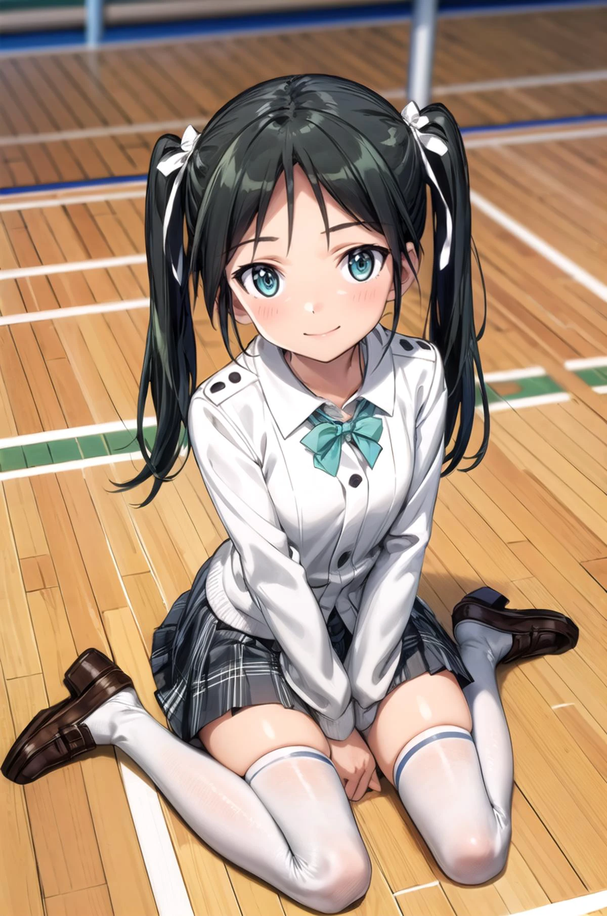 (masterpiece, best quality, detailed), 1girl, solo, looking at viewer, francesca lucchini, , long sleeves, school gym, wariza, hand between legs, from above, pleated skirt, white shirt, collared shirt, bowtie, plaid skirt, plaid, sweater vest, blazer, school bag, miniskirt, black thighhighs, loafers, on floor, light smile, closed mouth