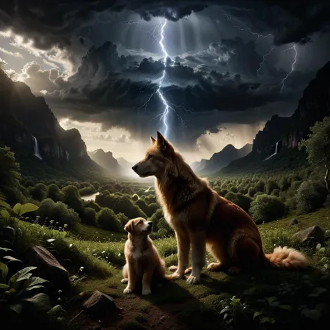 arafed dog and a dog sit in a field under a lightning