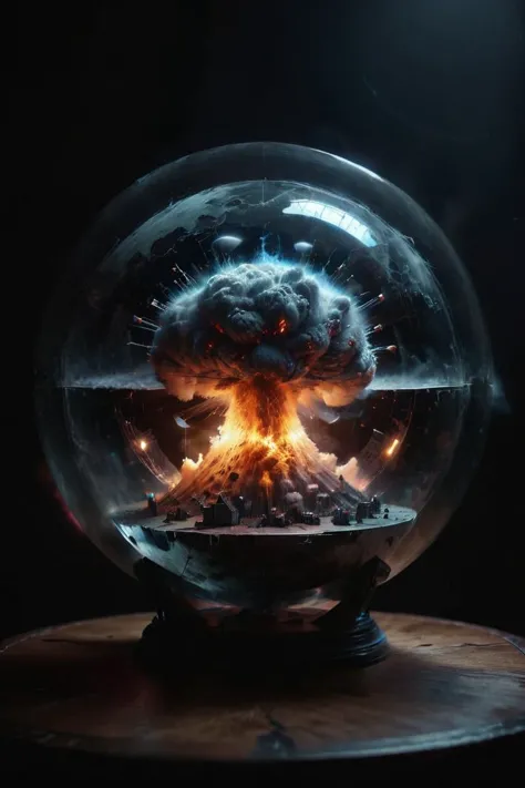 nuclear explosion inside a round transparent globe, on a table, fortune teller, war