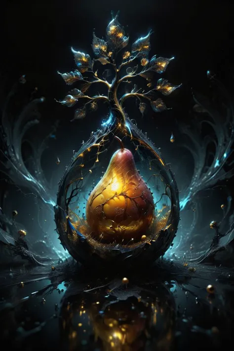 photograph, photorealistic, ultra-realistic, intricately detailed, wide angle, fine fractal glossy vivid colored shiny contours outlines of a glass pear with a ("a glowing golden flying female fairy uses her wand to transform a tree to solid gold.") inside, surreal, gradient, windy, petals floating on the wind, swirling ribbons of ink and light. linquivera, liiv1, ral-czmcrnbw