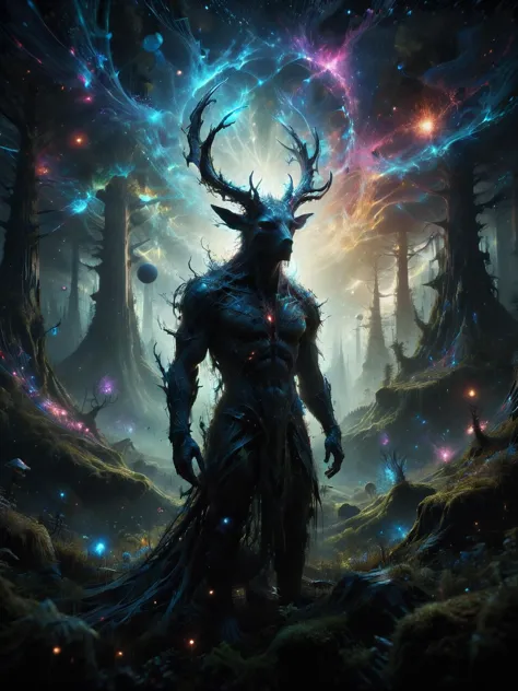 a man with a horned head standing in a forest with a galaxy background