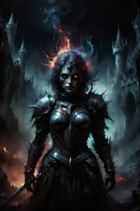 Dreadful and eerie digital watercolor, of a terrifying female knight before a hideous glowing fortress, inspired by Carne Griffiths and Wadim Kashin, deep color, October, gothic, perfect composition, hyperdetailed exquisite realistic watercolor, eldritch and creepy fortress landscape, dramatic and frightening tone, tranquil, 32k, complex and razor-sharp background with dynamic lighting, a masterpiece