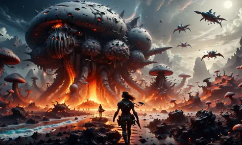 In a surreal, 8K photo, a vibrant, fantasy nuclear war unfolds, with a whimsical, furry, futuristic death mech stomping a mushroom house with its boots, surrounded by flying bat sharks, and a flowing lava river. A woman barbarian rides a majestic, agitated B52 bomber, through a dense, mystical asteroid field.