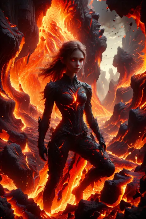 a woman in a black outfit standing in front of a lava cave