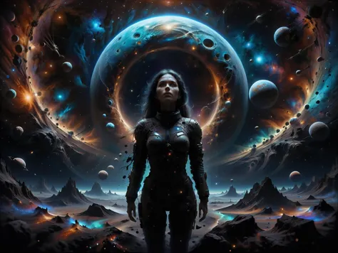 a woman standing in front of a planet with a spiral in the background