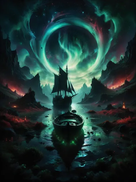 a boat floating in the water with a green and red aurora light in the background