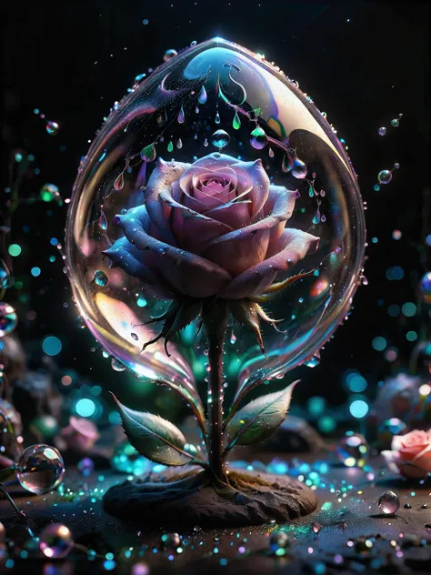 a close up of a rose in a glass ball with bubbles