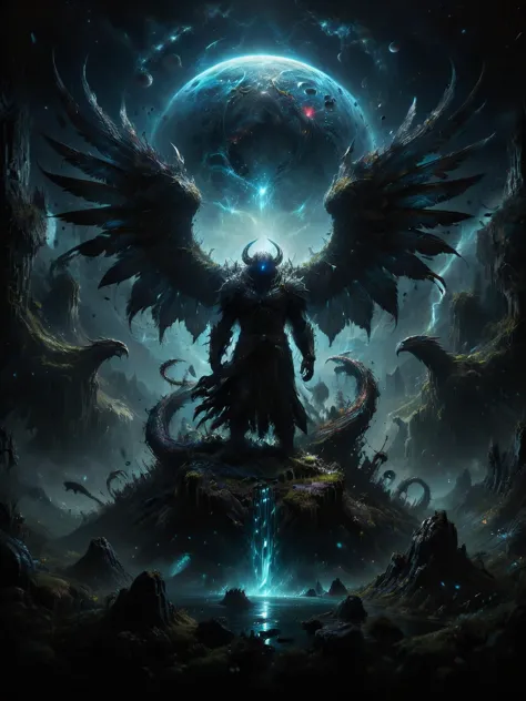 a dark angel with wings standing in front of a giant