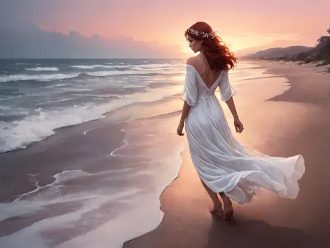 fantasy digital painting of a woman, ethereal beauty, looking at the sky longingly, detailed sad eyes, walking through the beach...