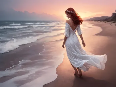 arafed woman walking on the beach at sunset with flowing dress