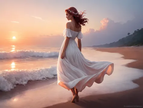 fantasy digital painting of a woman, ethereal beauty, looking at the sky longingly, detailed sad eyes, walking through the beach...