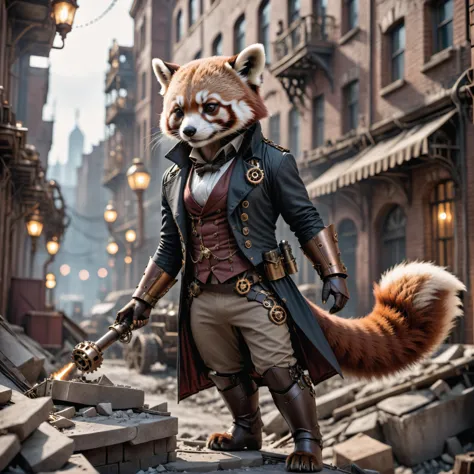 panda vermelho steampunk em uma cidade destruída . profundidade superficial de campo, vinheta, Altamente detalhado, alto orçamento, Bokeh, cinemascópio, temperamental, épico, maravilhoso, grão de filme, fotografia granulada de alta qualidade, iluminação de 3 pontos, piscar com softbox, 4K, canon eles r3, HDR, suave, foco nitído, Alta resolução, Foto premiada, 80mm, f2.8, Bokeh