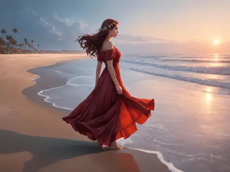 fantasy painting of a woman, ethereal beauty, looking at the sky longingly, detailed sad eyes, walking through the beach, barefo...