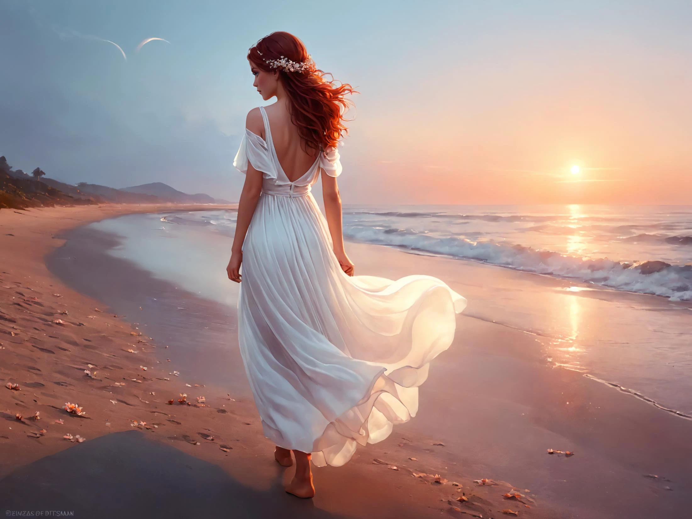 一位女性的幻想数字绘画, 空灵之美, 渴望地望着天空, 详细的悲伤的眼睛, 穿过海滩, 赤脚, 穿着宽松的白色透明连衣裙，随风飘扬, 她头发上的花, 橙色 红色 粉红色 天空, 后视图, 梦幻氛围, 沐浴在黄昏的绯红光芒中, 安娜·迪特曼 格雷格·鲁特科斯基