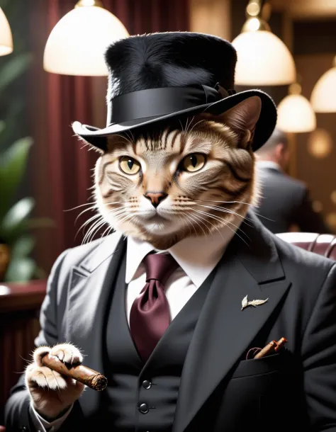 cinematic film still ((BBC Style)) picture  of an cat mobster in (wildlife) , smoking his cigar . shallow depth of field, vignet...
