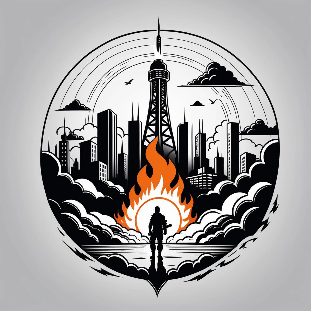 arte lineal drawing Tattoo artwork the end of the world, Quema de ciudad destruida tras explosión nuclear . profesional, pulcro, moderno, minimalista, gráfico, arte lineal, vector gráficos