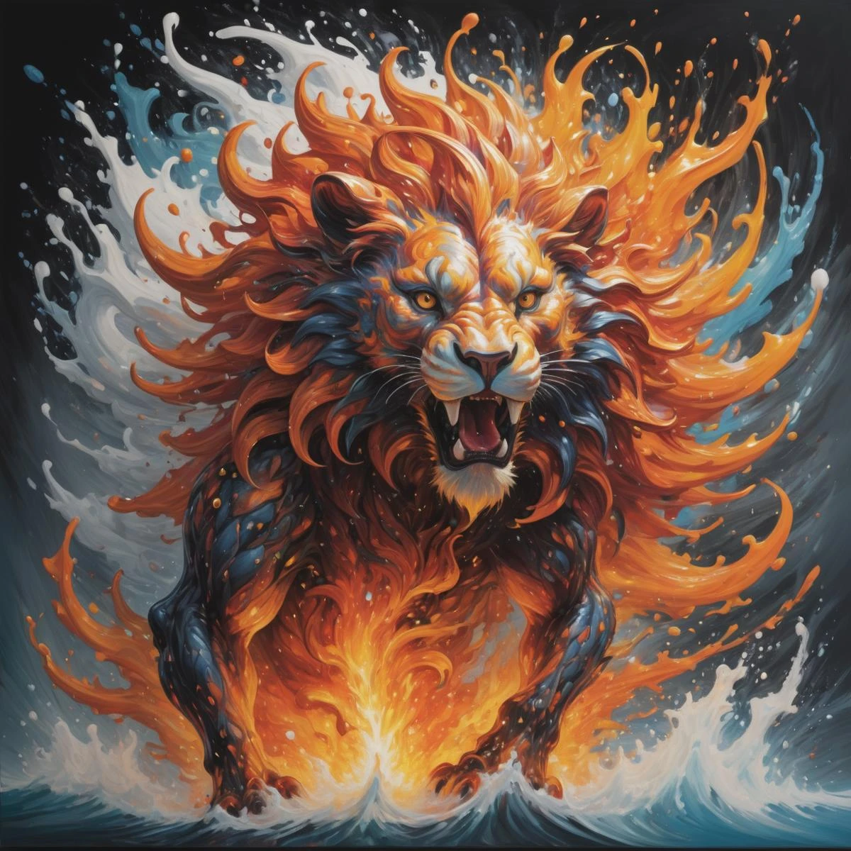 expresionismo abstracto,  Salpicadura dinámica intrincadamente formada de fuego y agua en forma de león.