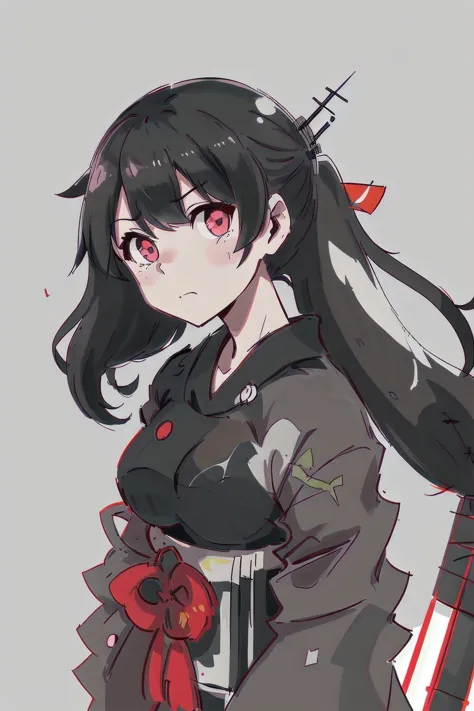 anime girl with long black hair and red eyes holding a gun