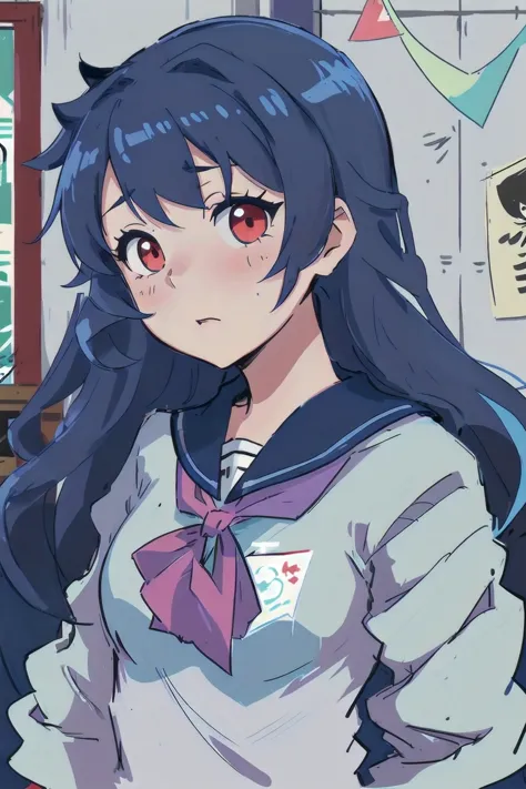 anime girl with long black hair and red eyes in a school uniform