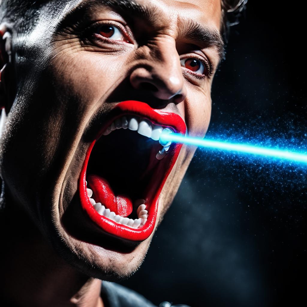 Arafed man with a red mouth and a blue laser coming out of his mouth -  SeaArt AI