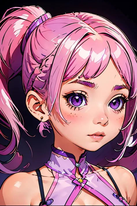 anime girl with pink hair and purple dress staring at the camera