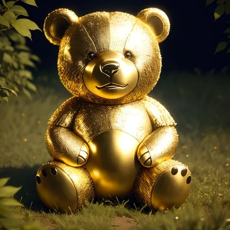 there is a gold teddy bear sitting in the grass