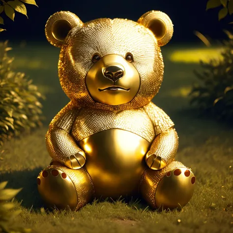 there is a gold teddy bear sitting on the grass in the sun