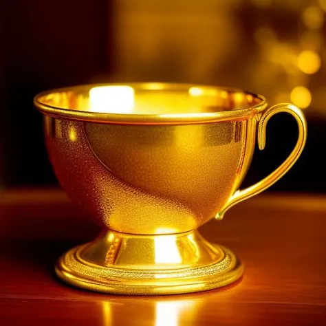 there is a gold cup sitting on a table with a candle in the background