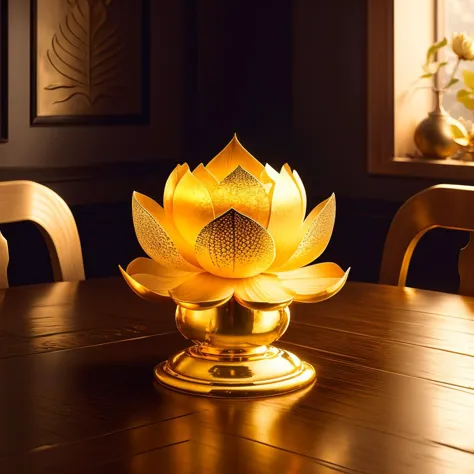 there is a gold lotus flower on a wooden table