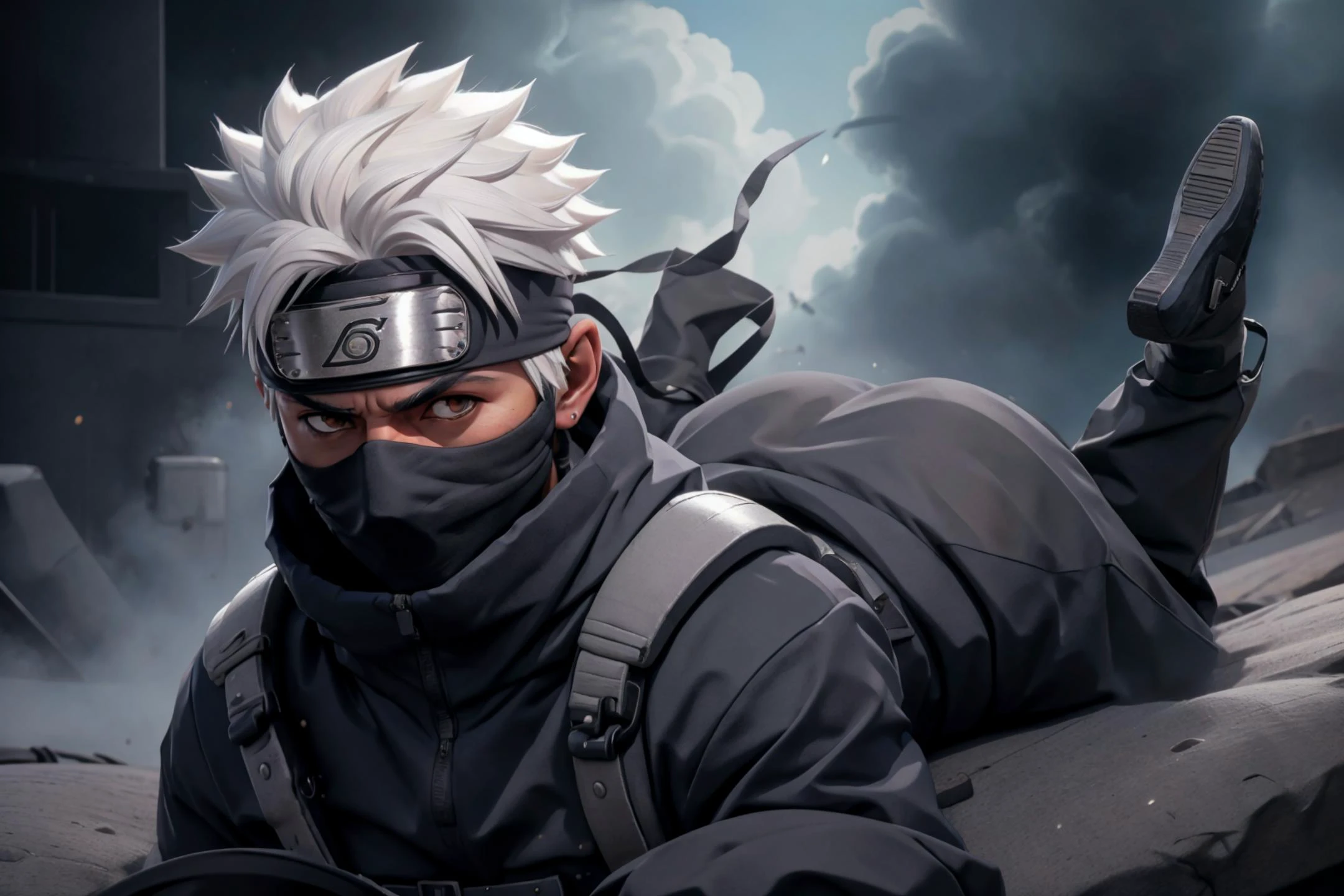 sexy, kakashi, white hair, eyepatch, black sweater, turtleneck sweater, military pants, gadget bellt, broad shoulders, assfrontview, 1boy, (ass:1.2), solo, looking at viewer, lying, on stomach, crawling, walkie-talkie, ventilation shaft, squeezed, going to the side,
high quality, highres, masterpiece, 