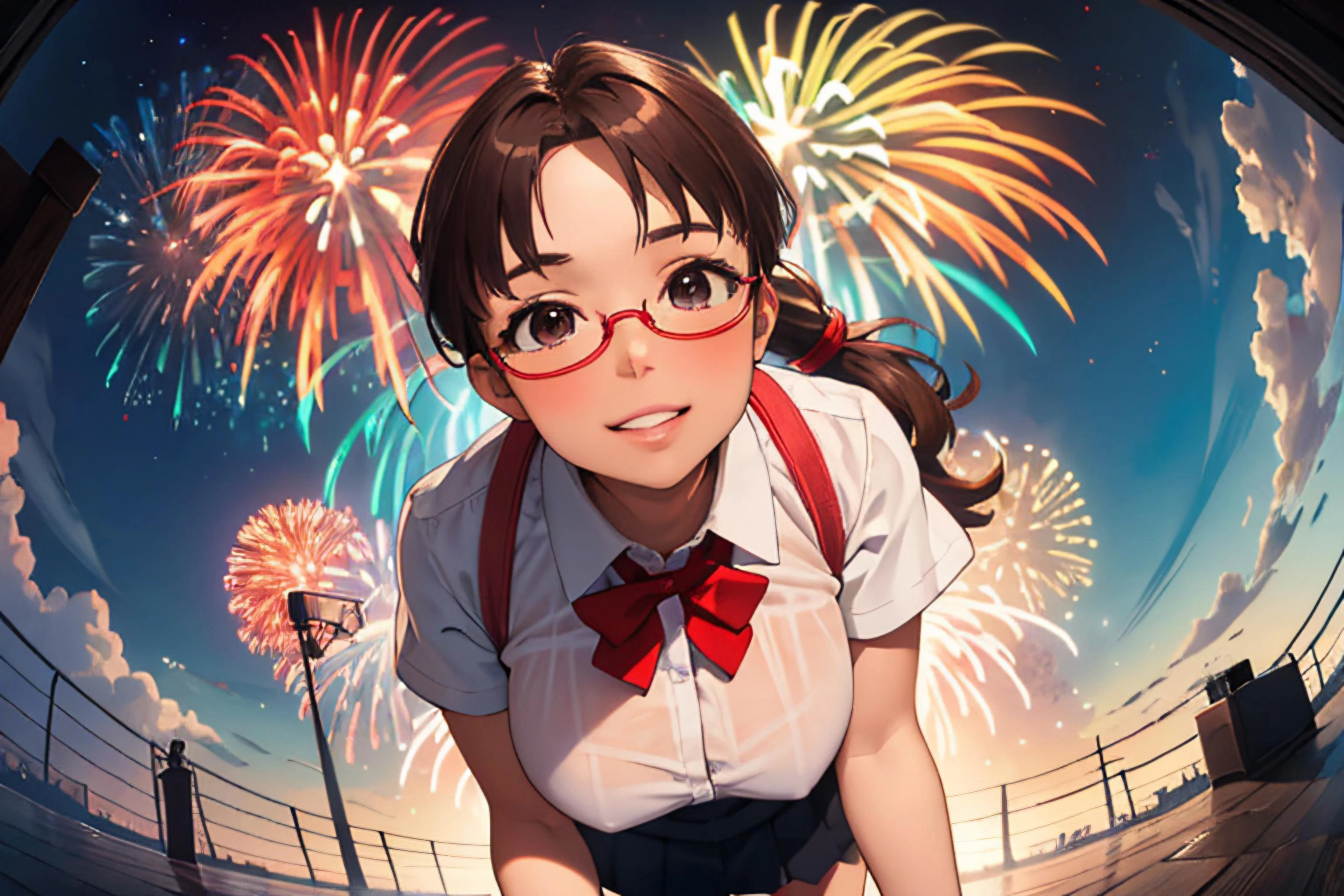 (absurdres, masterpiece, best quality, ultra detailed, detailed background, cinematic lighting, top view), (many colorful spectacular fireworks filling wide sky, ultrawide fisheye lens:1.4), (beautiful anime face, long eyelashes, detailed brown eyes), (voluptuous perfect toned lean kawaii 1girl, narrow waist), brown hair, long wavy hair, (wide ponytail, cute bangs, parted bangs), (red eyewear, semi-rimless eyewear), (massive enormous gigantic heavy huge hanging breasts, cleavage), (bighead, short body, round face), (face closeup, leaning forward:1.4), , bowtie, (wet see-through short-sleeve blouse, downblouse), (short pleated skirt), glossy skin, (twilight dusk evening), looking at viewer, (flushed, heavy breathing, exhausted, parted lips), beaming smile, naughty grin, subtle blending, ultrasharp focused, brilliant highlights, dreamy ambiance, mesmerizing, Kiyal style 