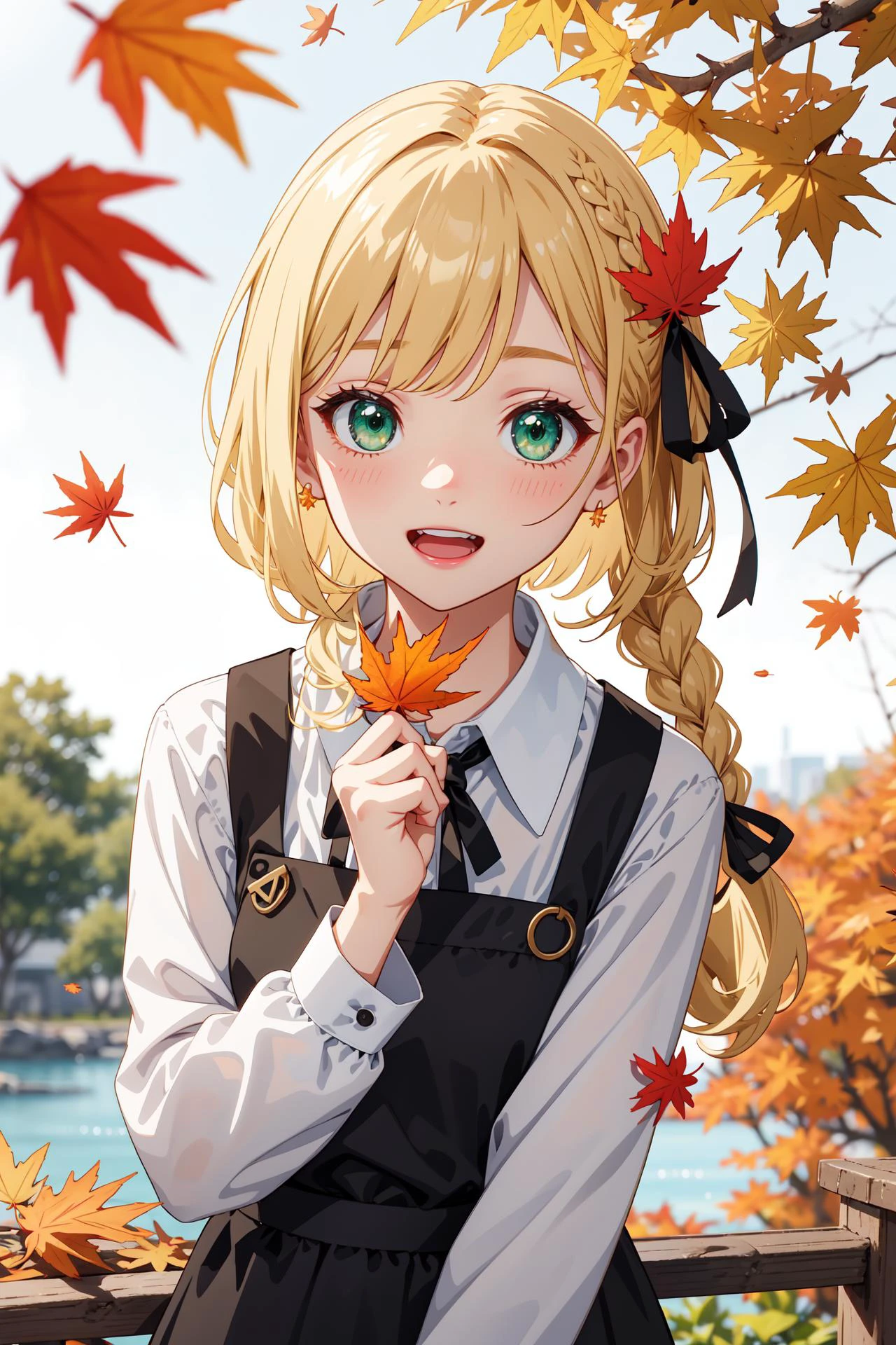 1girl, sleeveless dress, solo, dress, shirt, white shirt, autumn leaves, holding leaf, leaf, maple leaf, looking at viewer, holding, sleeveless, blonde hair, smile, open mouth, bangs, blurry, ribbon, braid, hair ribbon, blush, ribbon braid, plaid, :d, autumn, depth of field, long sleeves, hair ornament, outdoors, black dress, shawl, scarf, blurry background, blurry foreground, upper teeth only, upper body, collared shirt, green eyes, teeth, water, pinafore dress, branch