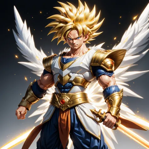 full body shot of 1man, male, son goku as legendary super sayajin 3, solo,wearing white armor, holding weapon infront of him, ho...