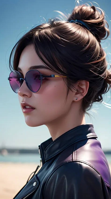 very detailed masterpiece closeup painting of a very beautiful young mexican cyberpunk woman with light blue shutter shades, one side haircut, brown hair with light blue ends, purple leather jacket, beauty mark on cheek, portrait, synthwave background, artstation, concept art by greg rutkowski, 