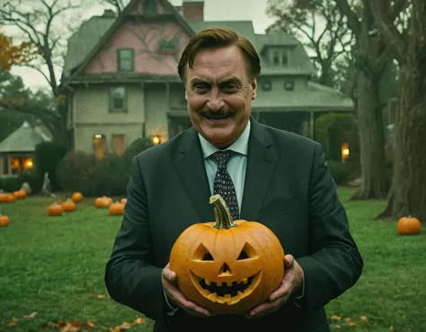 arafed man in a suit holding a pumpkin in front of a house