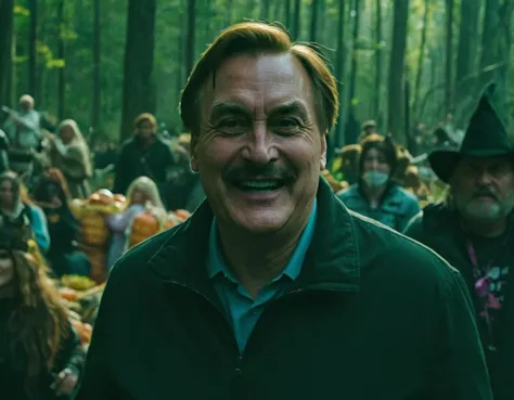 , Film scene featuring Mikelindell Person, on a hayride through a forest where mythical Halloween creatures live, (showcasing enchanted encounters:1.16).<lora:MyPillow Mike Lindell SDXL - Trigger is Mikelindell Person:1>