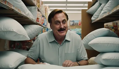 a close up of a man sitting in a room with pillows