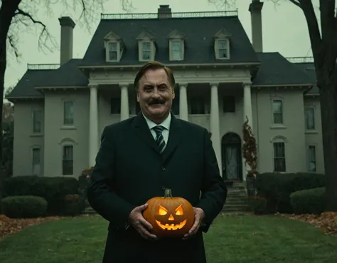 arafed image of a man in a suit holding a pumpkin