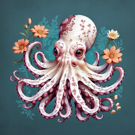 <lora:Floral_Watercolour:1> octopus in the style of fl0r4lstyl3, flowers