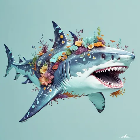 <lora:Floral_Watercolour:1> shark in the style of fl0r4lstyl3,