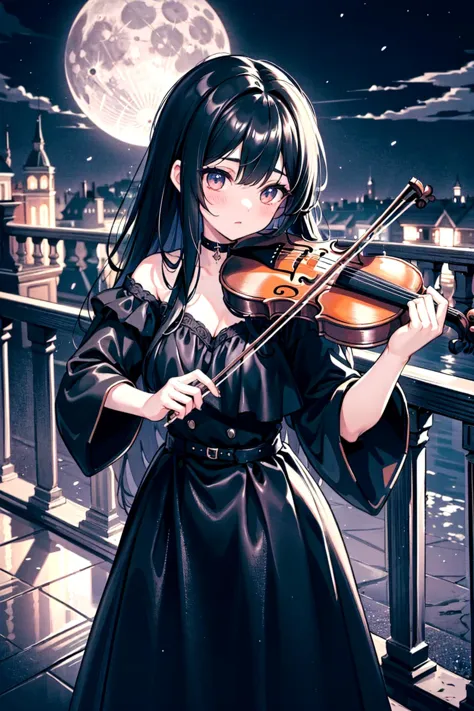 1girl, glossy_black_hair, playing_a_violin, moonlit_balustrade, haunting_melody, velvet_night_sky