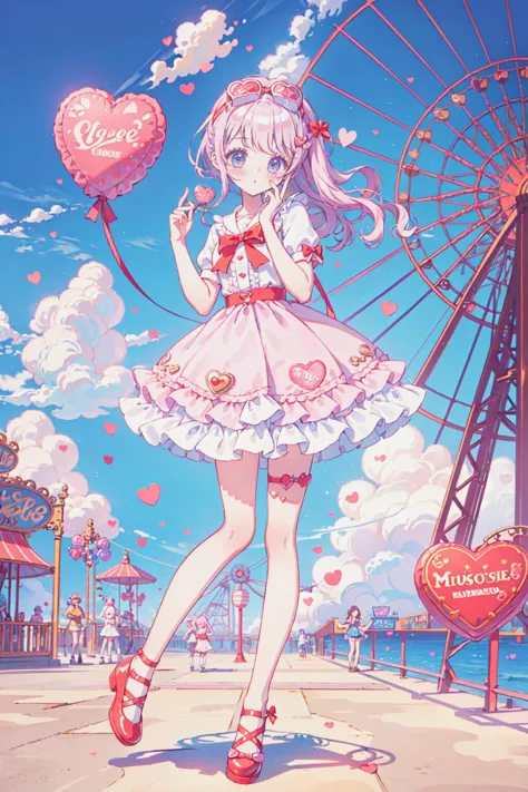 a woman in a pink dress holding a heart shaped balloon