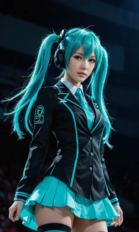 a woman with blue hair and a black jacket and skirt