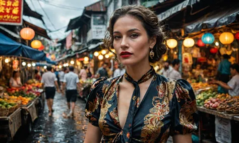 a beautiful cinematic sexy female,french twist,black,vintage silk blouse with puffed sleeves and a tie neck closure.,street leve...